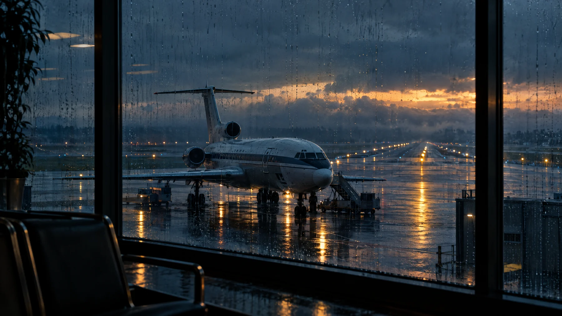 Verkehrsflugzeug auf einem regennassen Flughafenvorfeld